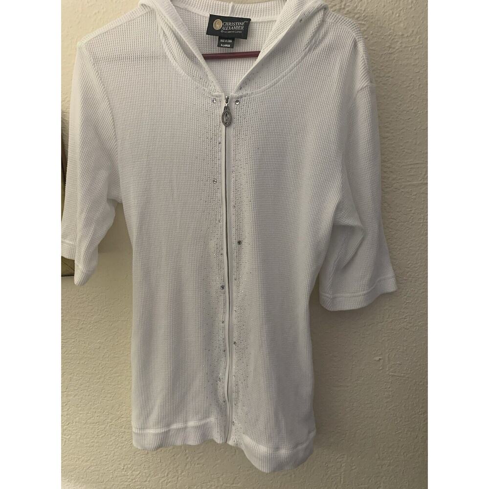 Christine Alexander Women's White Embellished Top Short sleeve XL Hoodie Blingy